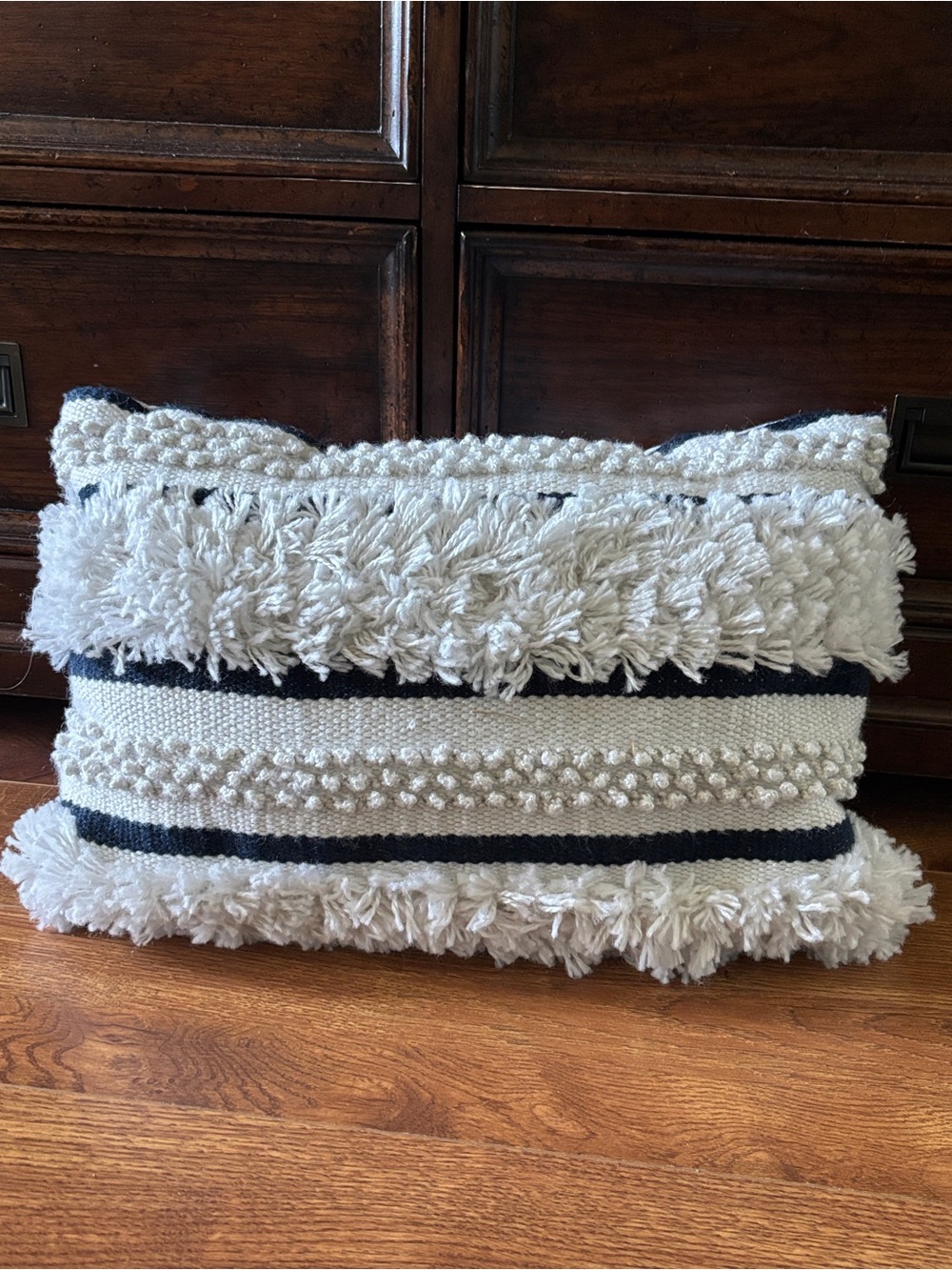 Neutral Cream & Black Striped Fringe Accent Pillow